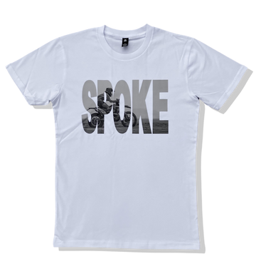 Spoke Motorcycle Festival White T-Shirt - Beach in SPOKE text