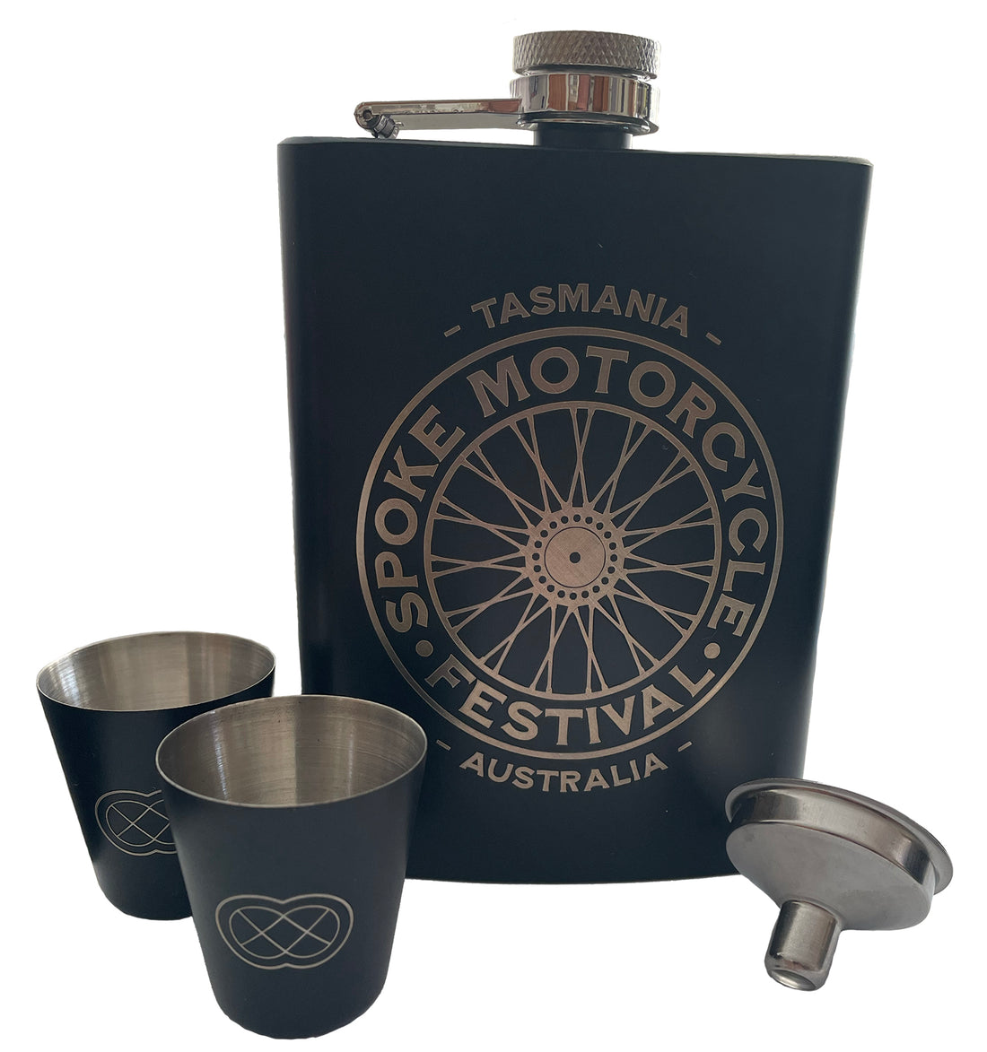 Spoke Stainless Steel Hip Flask Set