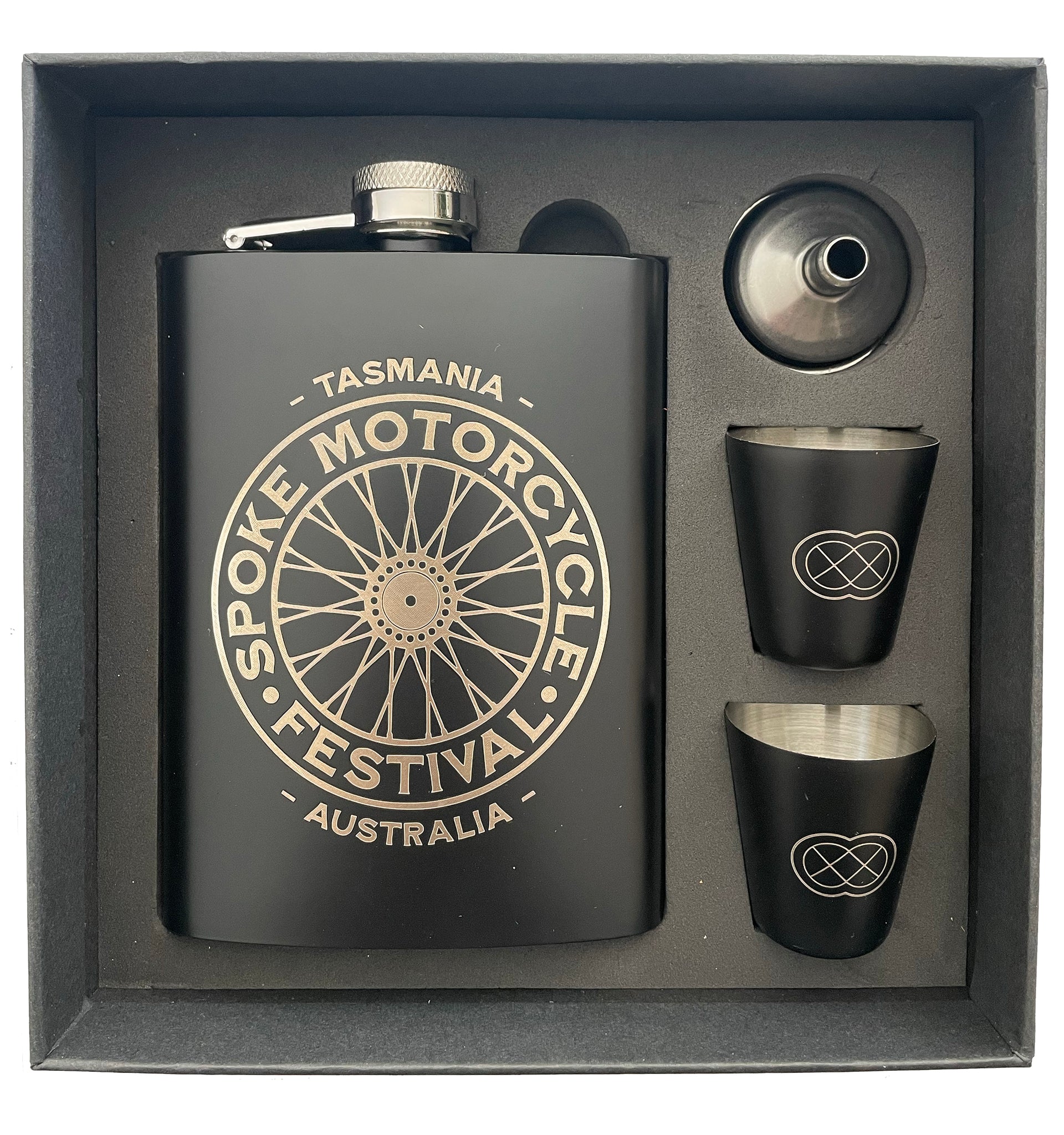 Spoke Stainless Steel Hip Flask Set